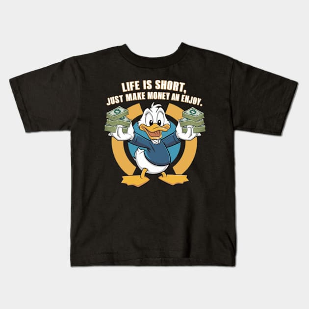 A vectordesign trending concept for A cartoon happy character duck, holding bundles of money in both his hands. (3) Kids T-Shirt by YolandaRoberts